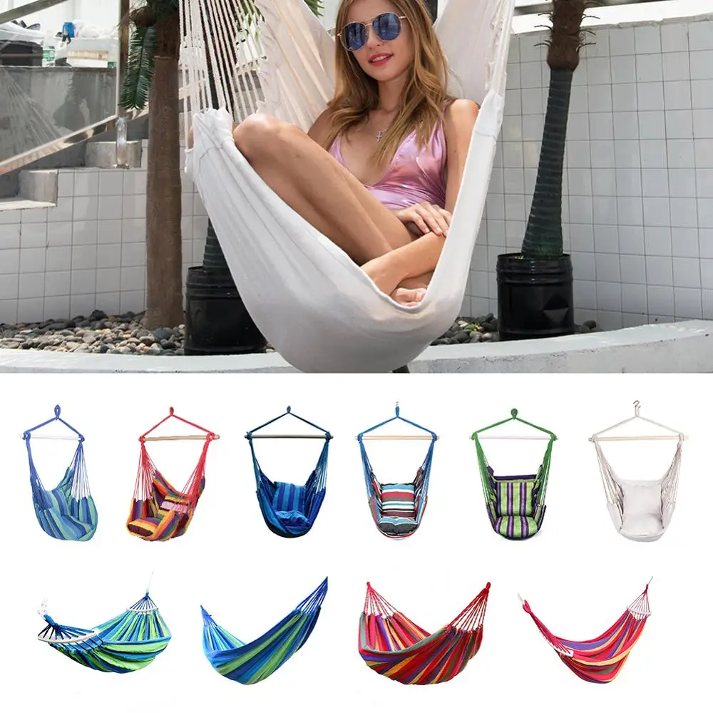 

Portable Hammock Chair Hanging Chair Swinging Indoor Outdoor Furniture Hammocks Canvas Dormitory Swing With 2 Pillows Hammock