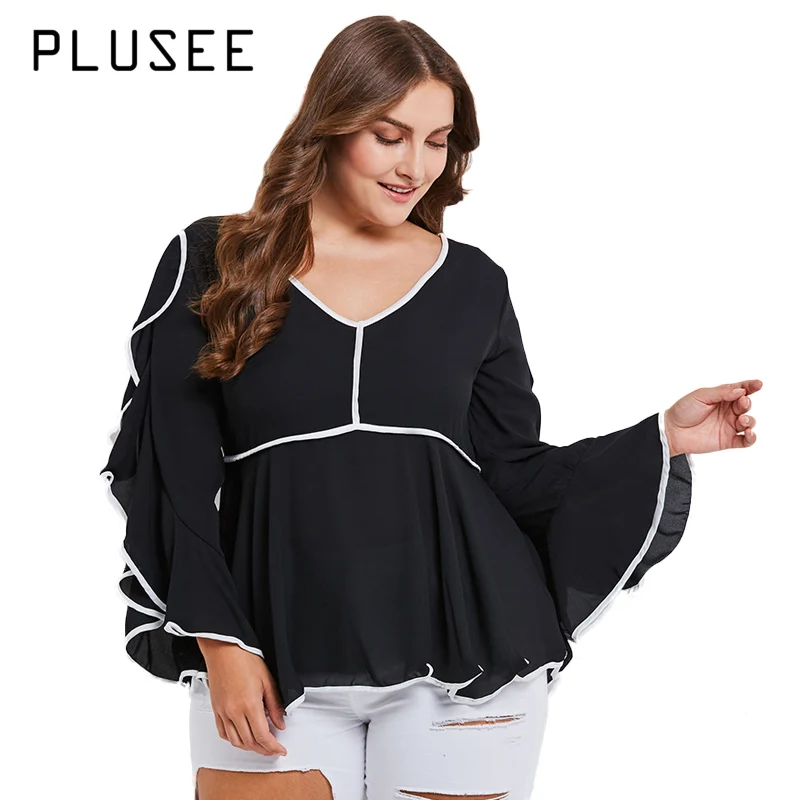 Plusee 2018 New Fashion Chiffon Blouse Ruffles Flare Long Sleeve Shirts Black Blouse Plus Size Blusas 4XL
Plusee 2018 New Fashion Chiffon Blouse Ruffles Flare Long Sleeve Shirts Black Blouse Plus Size Blusas 4XL