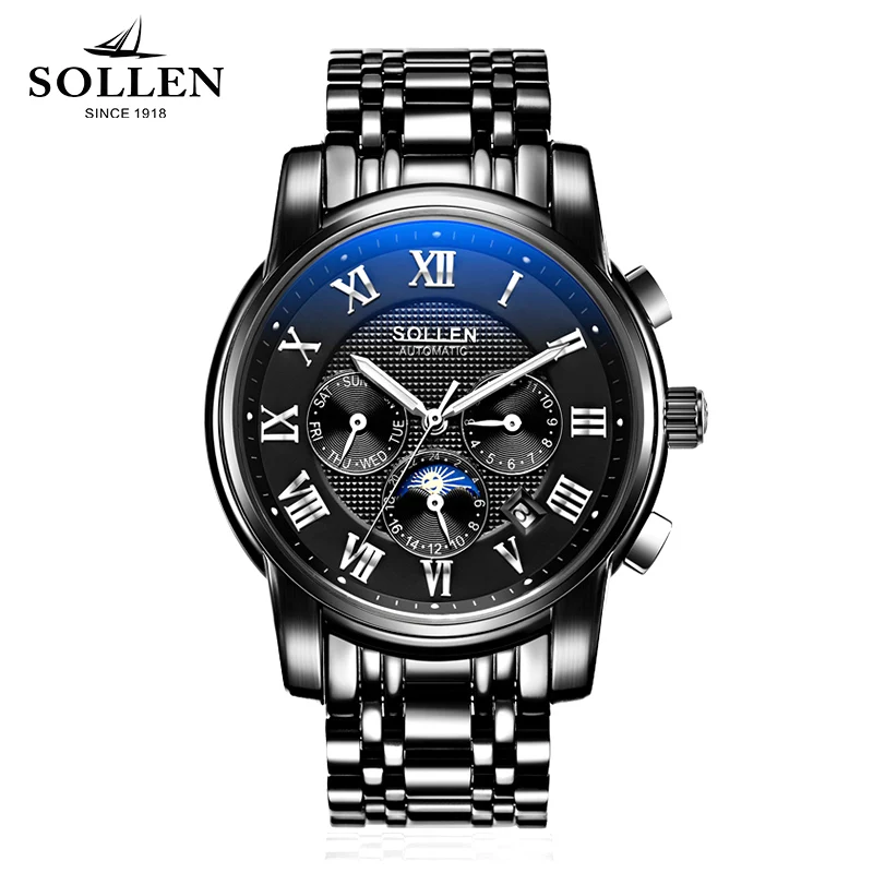 SOLLEN Men Watch Top Brand Luxury Automatic Mechanical Watch Men Sport Waterproof Luminous Moon Prase Watch Relogio Masculino