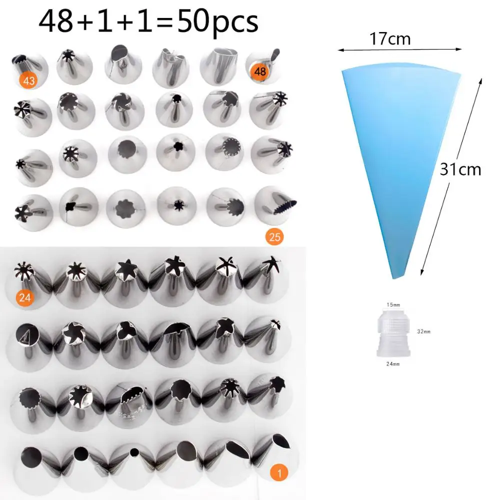 50 PCS/Set 48 Icing Piping Nozzle Silicone Pastry Bag Tips Kitchen DIY Cream Reusable Pastry Bags Cake Decorating Tools
50 PCS/Set 48 Icing Piping Nozzle Silicone Pastry Bag Tips Kitchen DIY Cream Reusable Pastry Bags Cake Decorating Tools