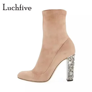 Bling bling Crystal chunky high heels short boots kid suede pointy toe shoes woman black pink slip on rhinestone botas mujer
Bling bling Crystal chunky high heels short boots kid suede pointy toe shoes woman black pink slip on rhinestone botas mujer