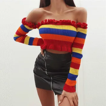 Rainbow Slash-Neck Pullover Sexy Ruffles Sweater Slim Woman High Waist Autumn Women Knitted Shirt Striped Off Shoulder Crop Tops
Rainbow Slash-Neck Pullover Sexy Ruffles Sweater Slim Woman High Waist Autumn Women Knitted Shirt Striped Off Shoulder Crop Tops