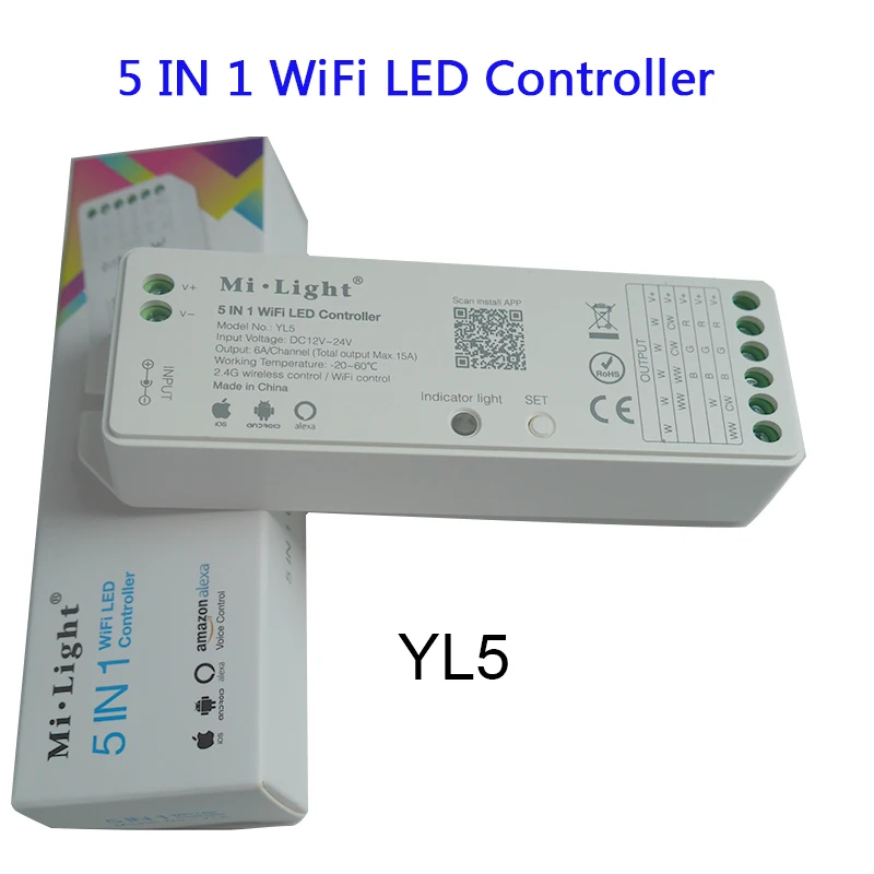 Milight YL5 2.4G 15A 5 IN 1 WiFi LED Controller For Single color, CCT, RGB, RGBW, RGB+CCT Led Strip,Support Amazon Alexa Voice
Milight YL5 2.4G 15A 5 IN 1 WiFi LED Controller For Single color, CCT, RGB, RGBW, RGB+CCT Led Strip,Support Amazon Alexa Voice
