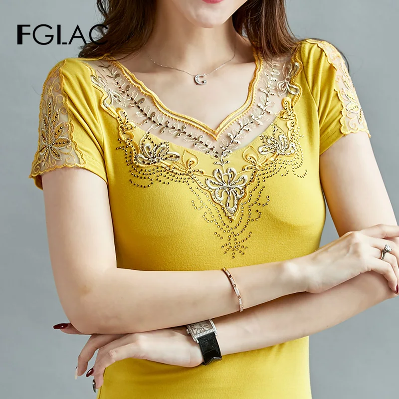 

Fashion Women blouse shirt New 2019 short sleeve Mesh shirt Elegant Diamonds hollow out women tops shirt plus size blouses