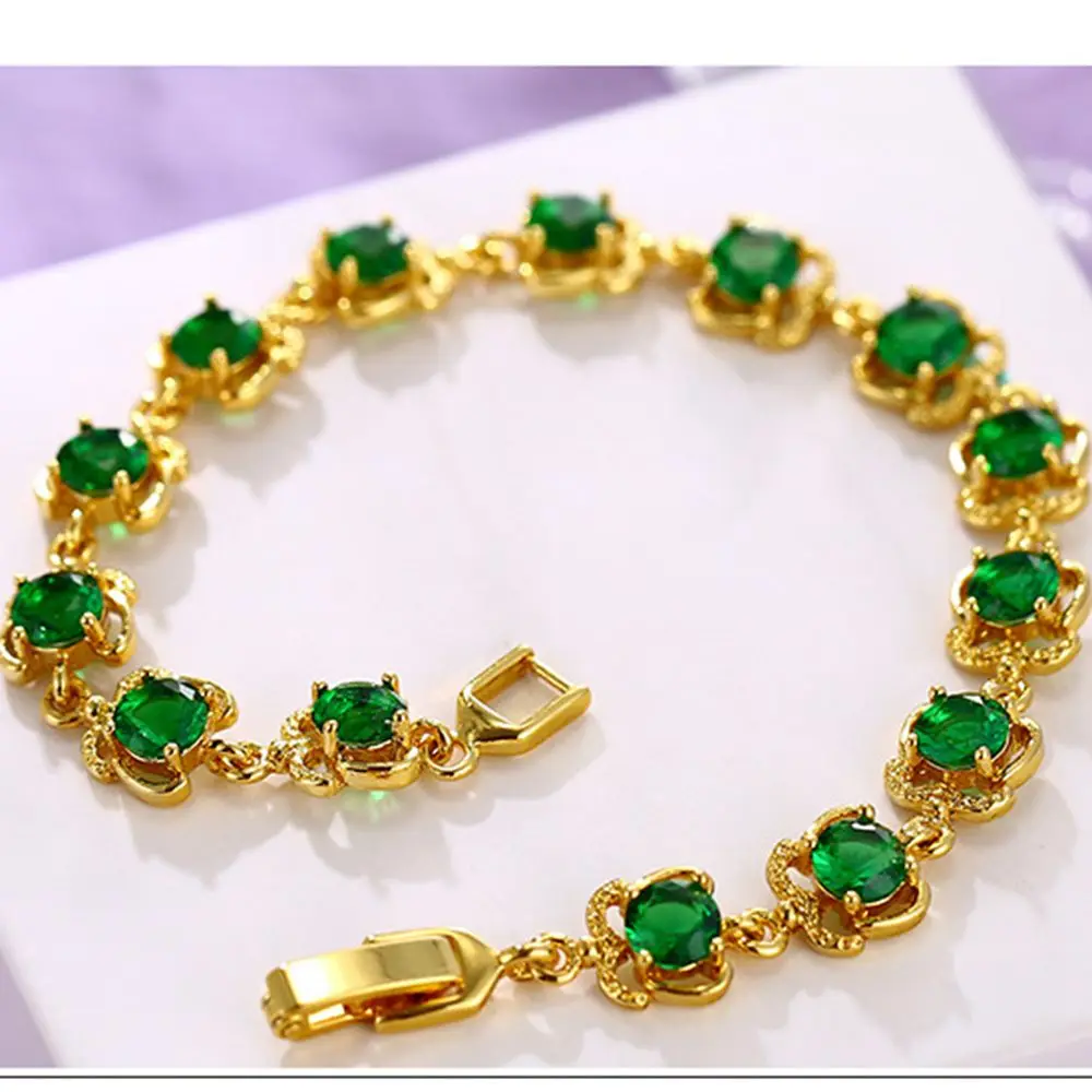 Green Zirconia Paved Bracelet Sparkling Jewelry Yellow Gold Filled Girls Womens Wrist Chain Gift | Украшения и аксессуары