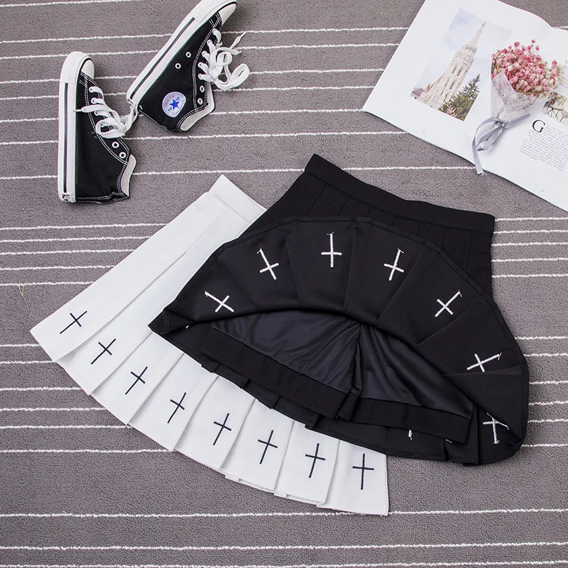 High Waist A-Line Women Skirt Cross embroidery Sailor Pleated Skirt Elastic Waist Sweet Sexy Girl mini short skirts SaiaFeminina
High Waist A-Line Women Skirt Cross embroidery Sailor Pleated Skirt Elastic Waist Sweet Sexy Girl mini short skirts SaiaFeminina