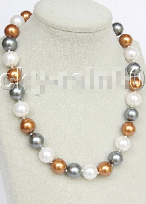 

Free shipping@@@@@ JY785 O8I A> 17" 14mm round white coffee gray south sea shell pearls necklace E9639 a 6.08