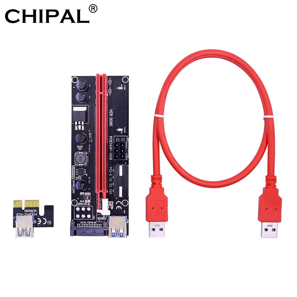 CHIPAL Dual LED VER009S PCI Express 1X to 16X PCI-E Riser Card 4Pin 6Pin SATA Molex Power 60CM USB 3.0 Cable for Bitcoin Miner
CHIPAL Dual LED VER009S PCI Express 1X to 16X PCI-E Riser Card 4Pin 6Pin SATA Molex Power 60CM USB 3.0 Cable for Bitcoin Miner