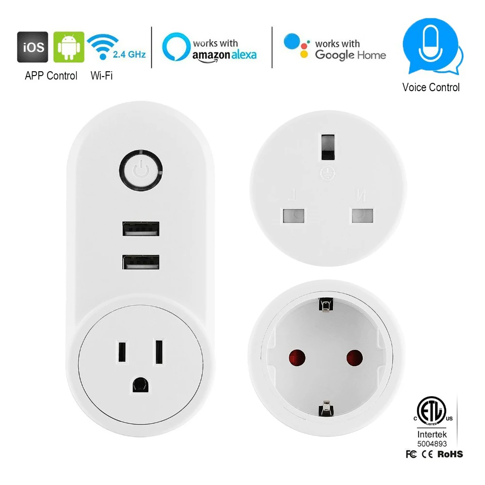 US UK EU Wifi Control Socket Smart timer Switch Plug 10A Power outlet and 2 USB 2A Charger Voice control work with Alexa Google
US UK EU Wifi Control Socket Smart timer Switch Plug 10A Power outlet and 2 USB 2A Charger Voice control work with Alexa Google