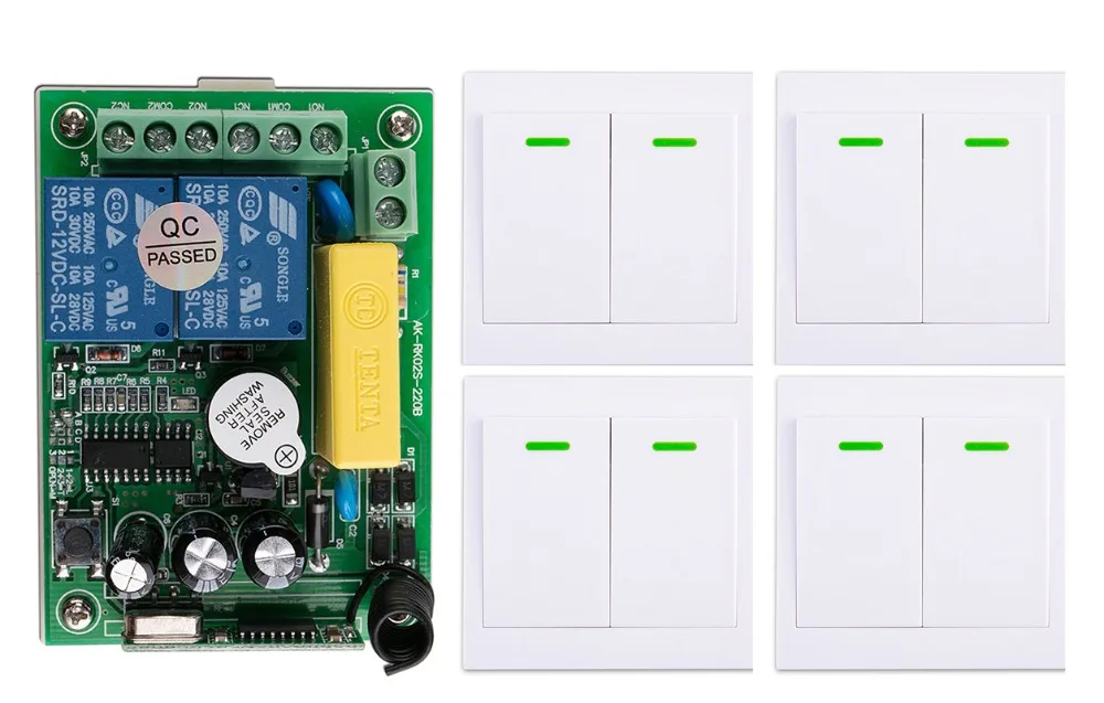 New AC220V 2CH Wireless Remote Control Switch System Receiver + 4*Wall Panel Transmitter Sticky Smart Home | Электроника