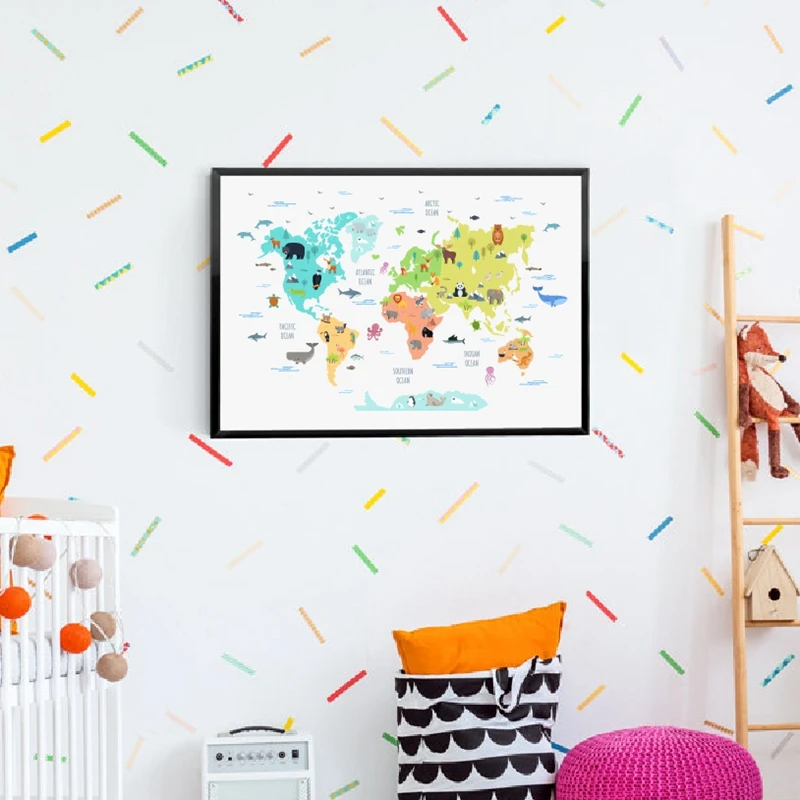 World map with wild animals wall art prints kids room decor