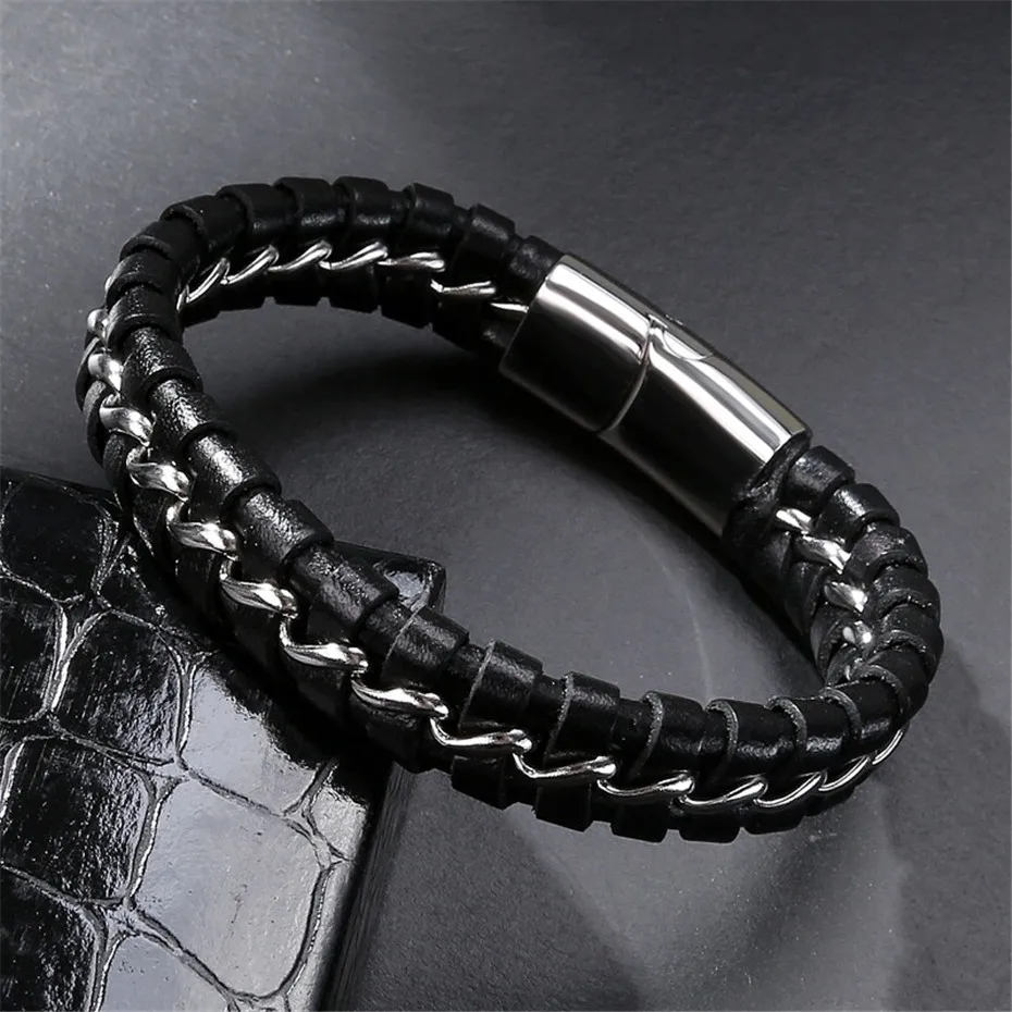 GHZTYF Fashion Men's Black Leather Rope Braided Bracelet Stainless Steel Chain Link Bracelets Bangles Long 21cm Men Gifts Bangle
GHZTYF Fashion Men's Black Leather Rope Braided Bracelet Stainless Steel Chain Link Bracelets Bangles Long 21cm Men Gifts Bangle