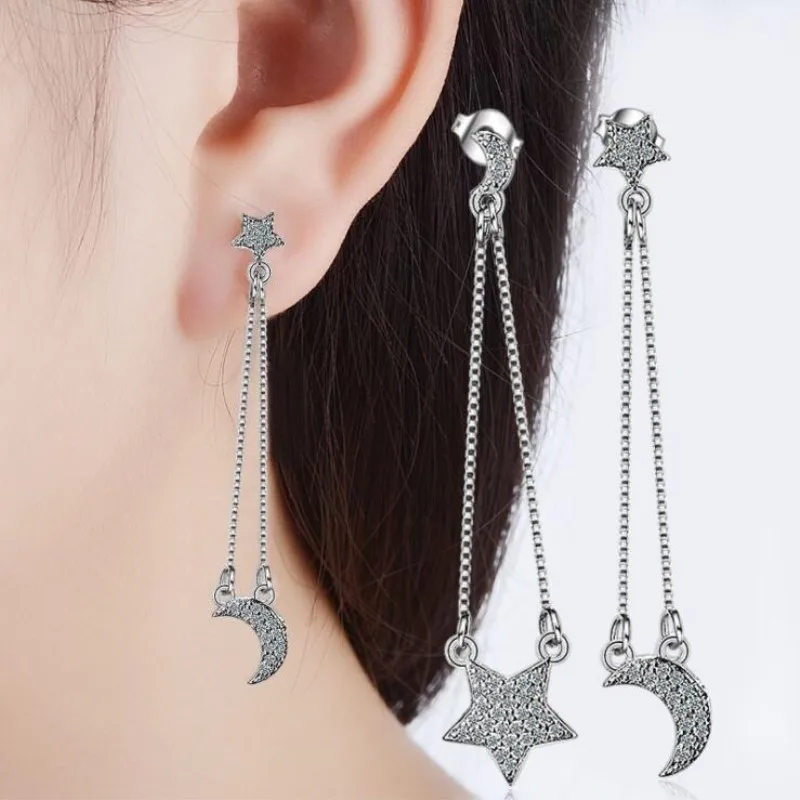 Personality Asymmetric Temperament 925 Sterling Silver Jewelry Moon And Star Tassel Crystal Dangle Earrings SE390
Personality Asymmetric Temperament 925 Sterling Silver Jewelry Moon And Star Tassel Crystal Dangle Earrings SE390