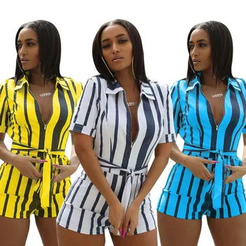 Sexy Front Zip Striped Playsuit Shorts Jumpsuit for Women Long Sleeve Turn-down Collar Casual Romper Summer Overalls Plus Size
Sexy Front Zip Striped Playsuit Shorts Jumpsuit for Women Long Sleeve Turn-down Collar Casual Romper Summer Overalls Plus Size