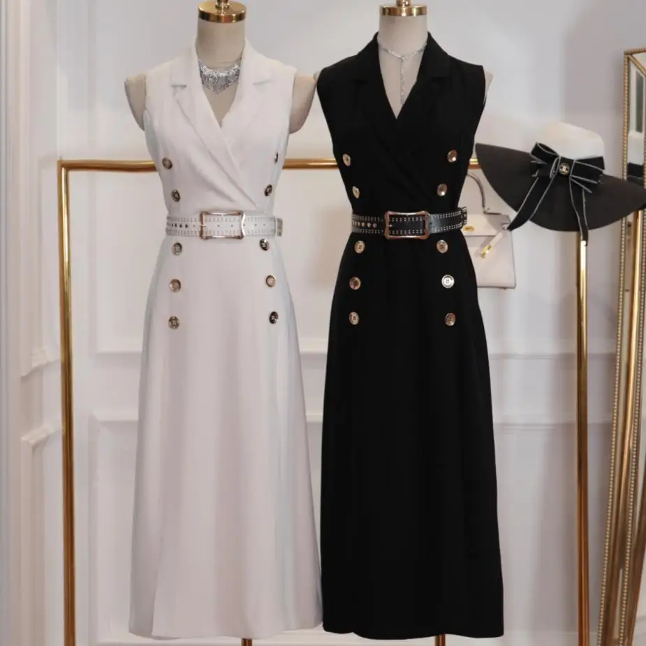 Women Summer Sleeveless Notched Blazer Dress Double Breasted rivet belt Pencil Knee-Length 2019 OL Work dress
Women Summer Sleeveless Notched Blazer Dress Double Breasted rivet belt Pencil Knee-Length 2019 OL Work dress