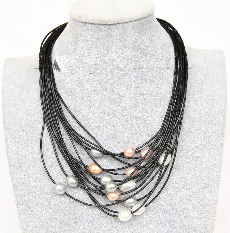 Hot sale new Style >>>>>17"-24" 13mm 15row white gray pink purple pearls Black leather necklace
Hot sale new Style >>>>>17"-24" 13mm 15row white gray pink purple pearls Black leather necklace