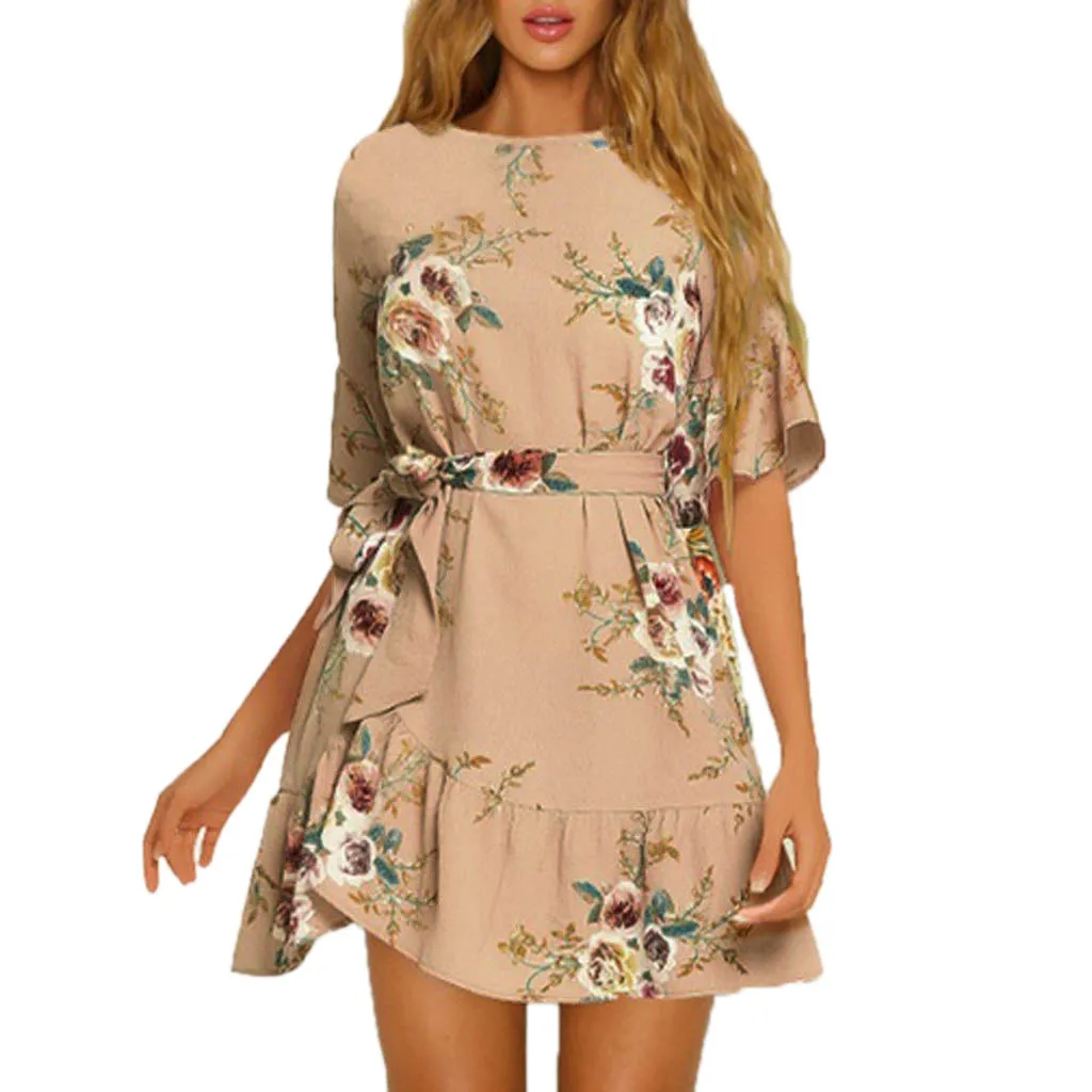 Women Summer Ruffles Floral Printing Summer Dress O-Neck Sashes Short Sleeve Dress Sexy Mini Evening Party Dress Sundress
Women Summer Ruffles Floral Printing Summer Dress O-Neck Sashes Short Sleeve Dress Sexy Mini Evening Party Dress Sundress
