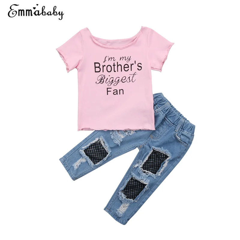 Toddler Kids Clothing Short Sleeve Baby Girls T shirt Letter Tops+Fishnet Jeans Stretch Pants 2pcs Set Girls Outfits
Toddler Kids Clothing Short Sleeve Baby Girls T shirt Letter Tops+Fishnet Jeans Stretch Pants 2pcs Set Girls Outfits
