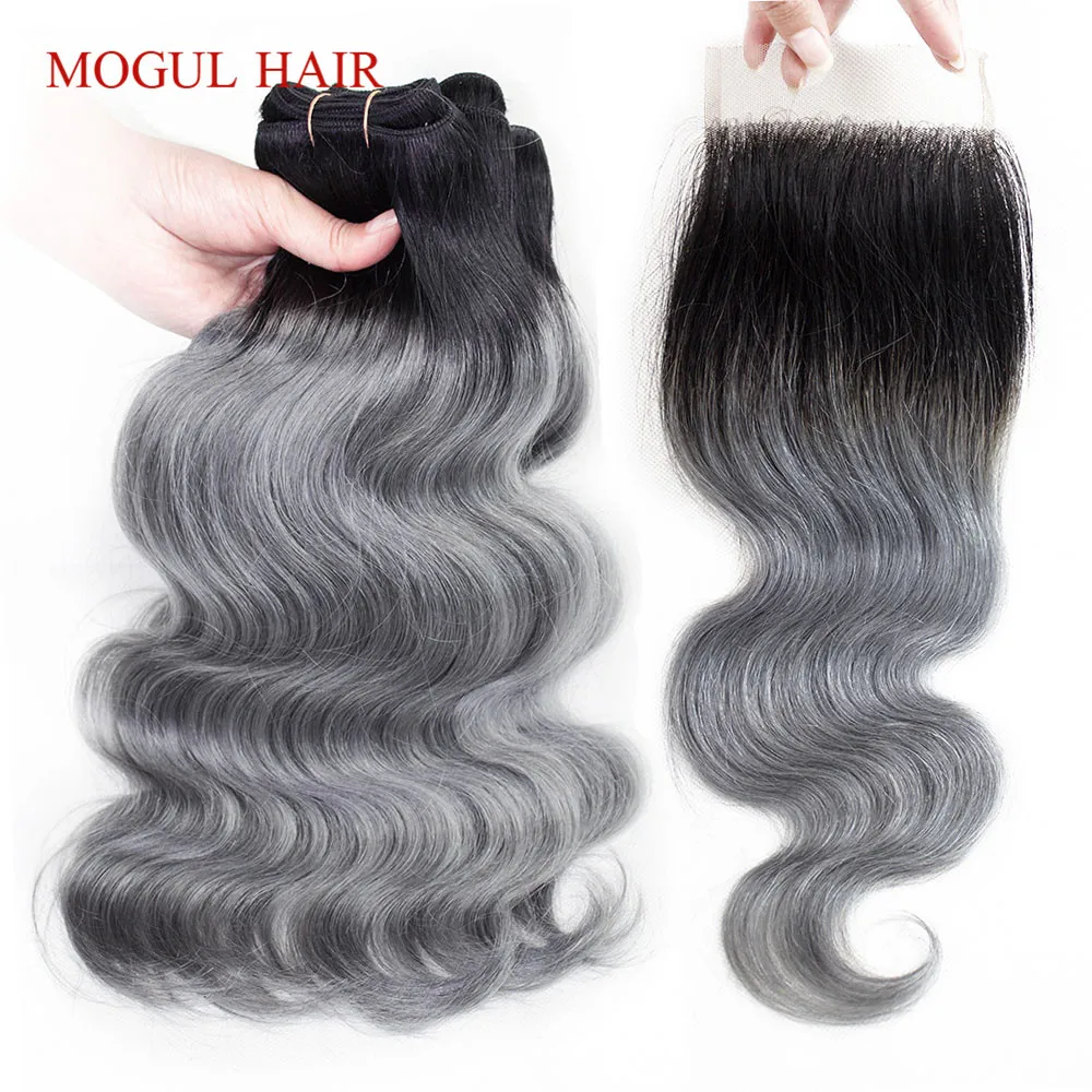 MOGUL HAIR T 1B темно серые Омбре человеческие волосы 2/3 пучки с кружевом Закрытие