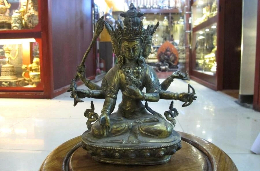 9"Tibet Folk Rare Purple Bronze 24K Gold 3 Heads 6 Arm Manjushri Guan-yin Buddha
9"Tibet Folk Rare Purple Bronze 24K Gold 3 Heads 6 Arm Manjushri Guan-yin Buddha