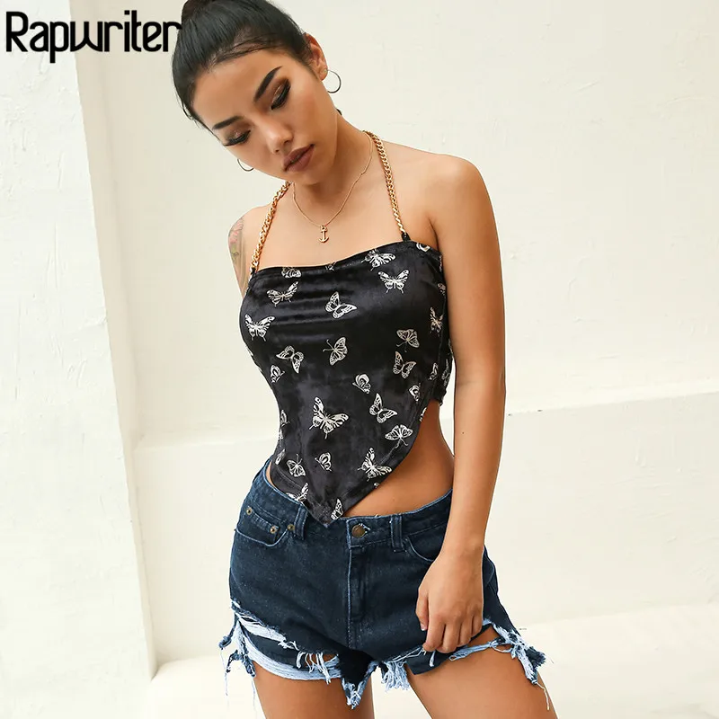 Rapwriter Sexy Metal Straps Backless Butterfly Print Velvet Camis Women 2018 New Fitness Streetwear Bodycon Sleeveless Crop Top
Rapwriter Sexy Metal Straps Backless Butterfly Print Velvet Camis Women 2018 New Fitness Streetwear Bodycon Sleeveless Crop Top