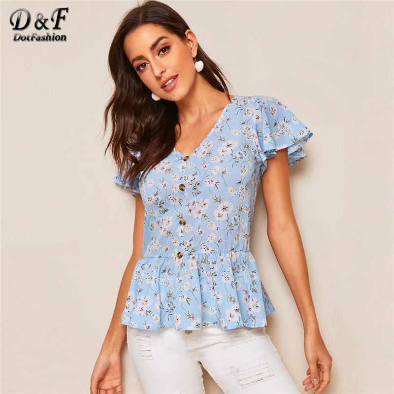 

Dotfashion Button Up Ruffle Hem Ditsy Floral Blouse Shirt For Women Boho Top 2019 Short Sleeve Ladies Peplum Tops Summer Blouses