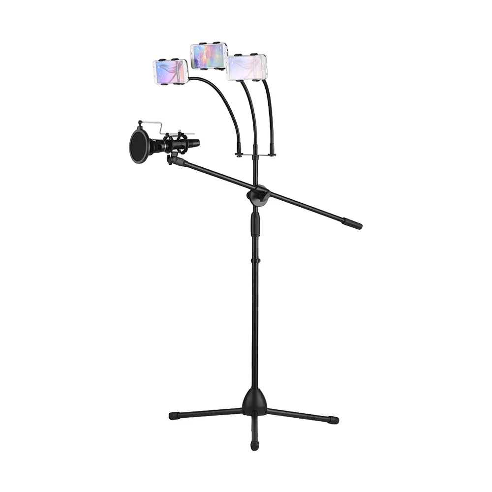 

Microphone Floor Stand Tripod Metal Adjustable Height with Boom Arm 3 Mic Holders & 1 Smartphone Holder for Live Streaming