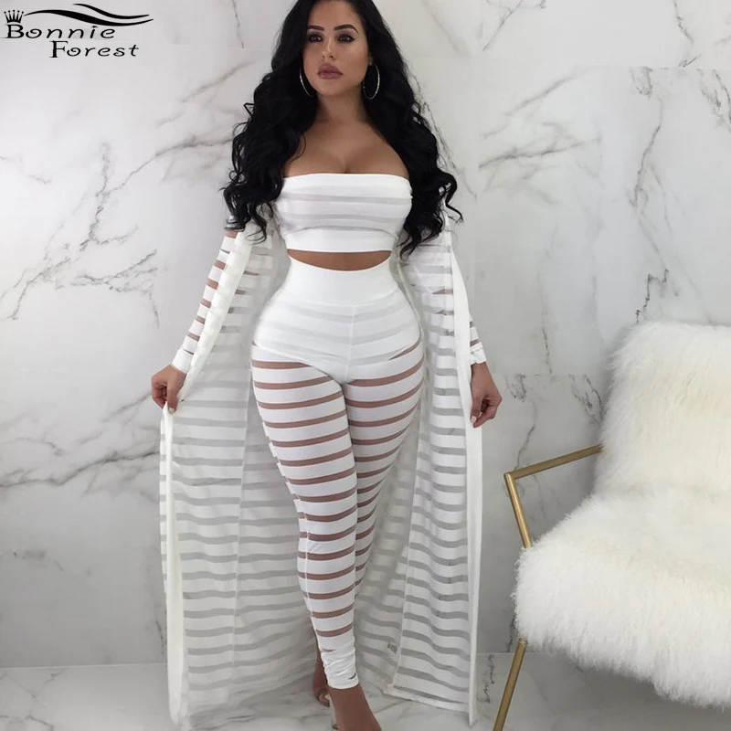 Bonnie Forest Casual Strapless Long Cardigan Coat Top and Pants Mesh Suits Casual 3 Pieces Outfits Sexy Striped Mesh Cape Sets
Bonnie Forest Casual Strapless Long Cardigan Coat Top and Pants Mesh Suits Casual 3 Pieces Outfits Sexy Striped Mesh Cape Sets