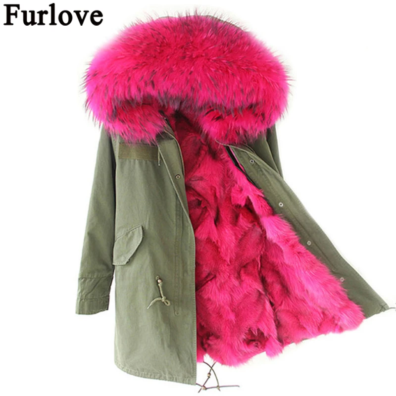 Женская парка с капюшоном Furlove черная/зеленая мехом енота и подкладкой из лисьего