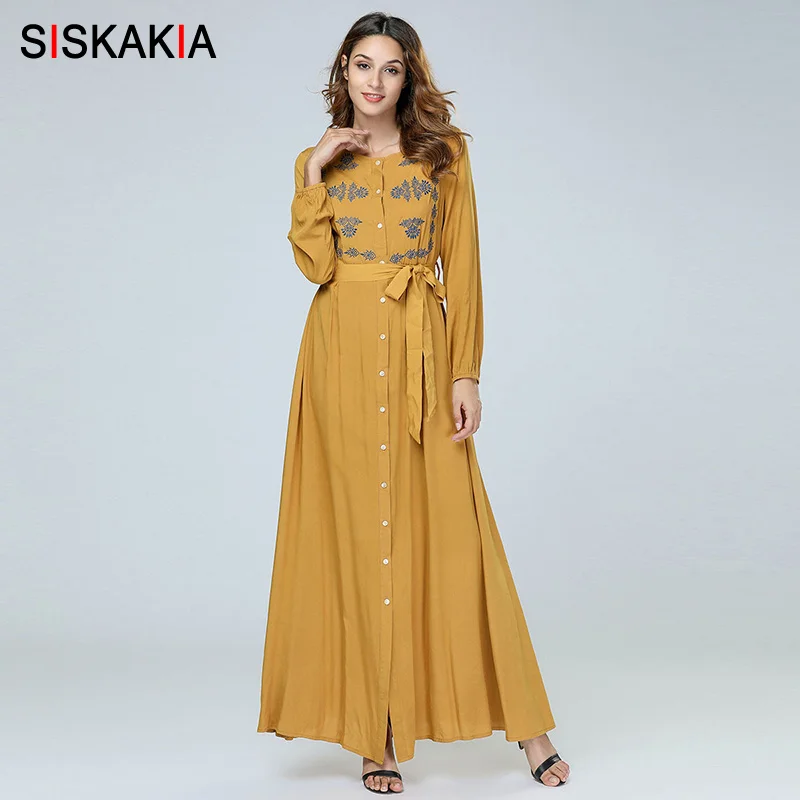 Siskakia Elegant Ethnic Floral Embroidery Maxi long Dress Single-Breasted High Waist Swing Women Dresses Long Sleeve Autumn Fall
Siskakia Elegant Ethnic Floral Embroidery Maxi long Dress Single-Breasted High Waist Swing Women Dresses Long Sleeve Autumn Fall