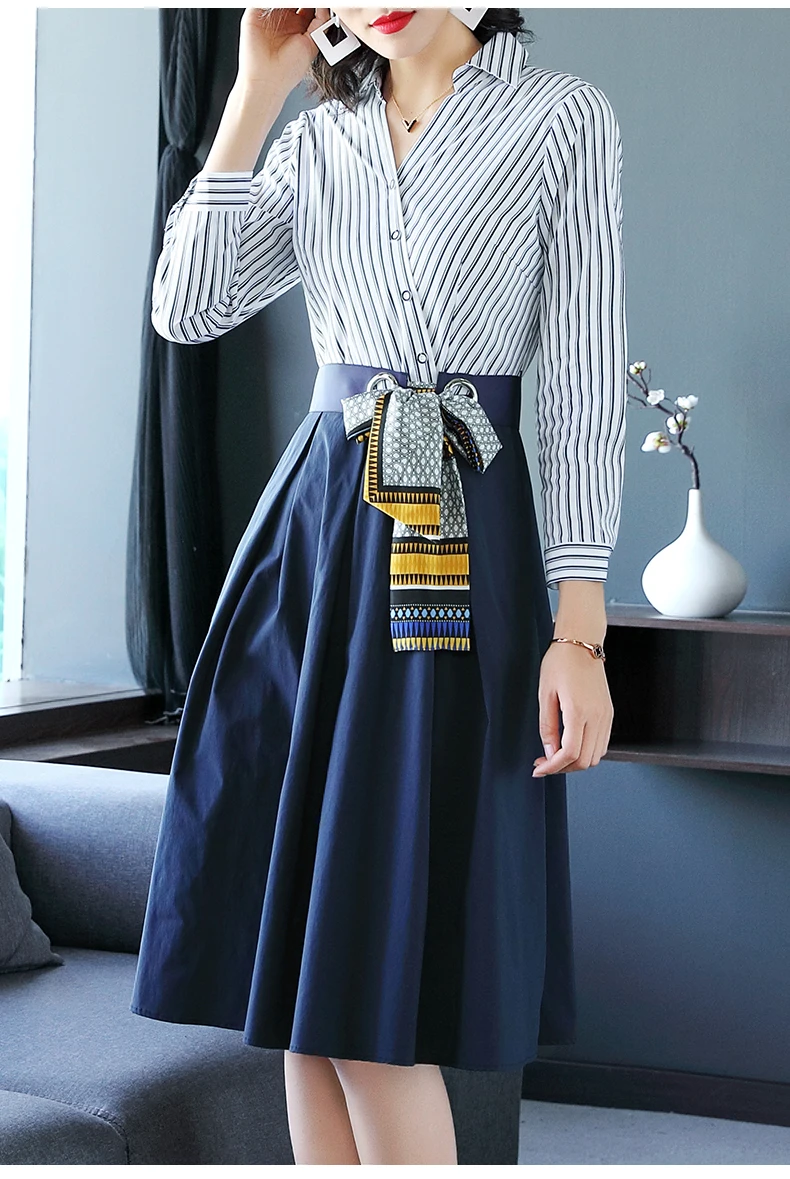 Azterumi Spring New Women Fashion V-Neck Shirt Dress Women Casual Stripe Patchwork A-line Dresses With Sashes Vestidos HTB1H9.JXK6sK1RjSsrbq6xbDXXaR - Azterumi Spring New Women Fashion V-Neck Shirt Dress Women Casual Stripe Patchwork A-line Dresses With Sashes Vestidos