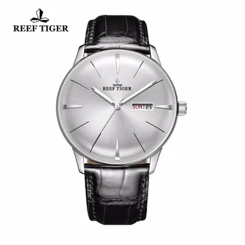 

Reef Tiger/RT Classic Casual Watches Convex Lens Genuine Leather Strap Steel Automatic Watches with Date Day RGA8238