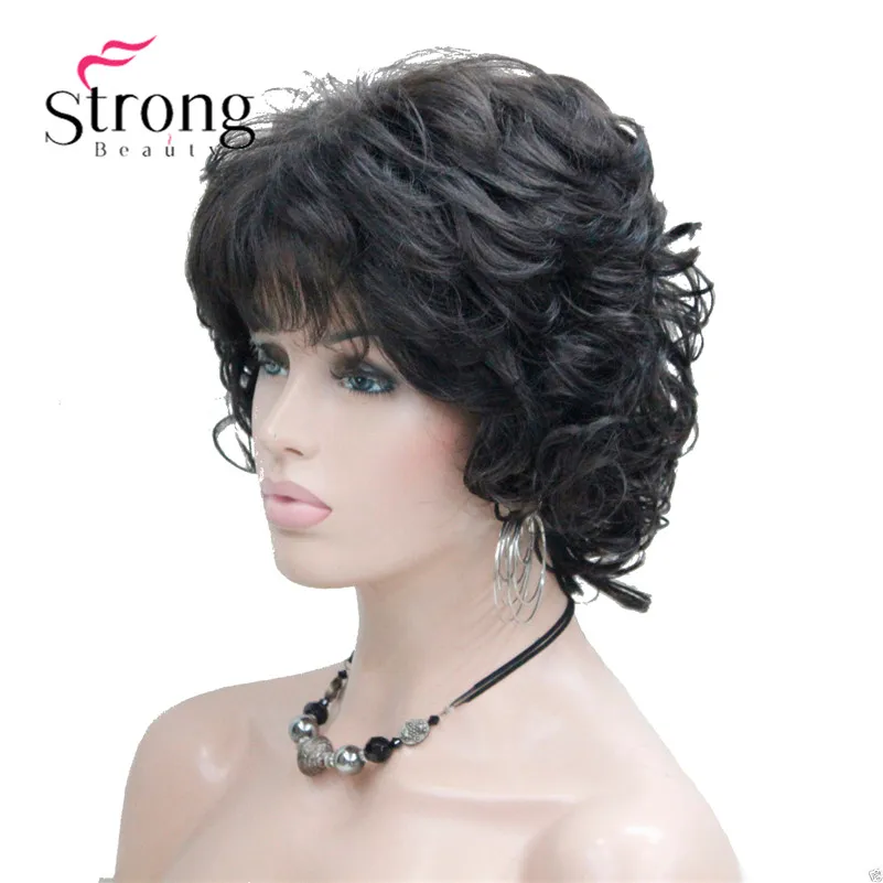 L-427B #4New Women\`s Dark Brown 4# Short Wavy Curly Synthetic Hair Full Wig For Everyday (2)