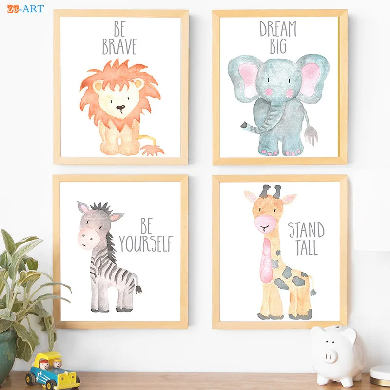 Lion Elephant Cartoon Animal Poster Wall Art Prints Children Room Decoration