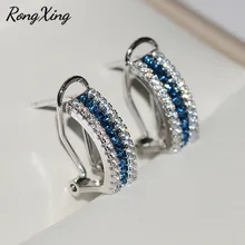 Pendientes de aro de circonita de cristal azul encantador RongXing para mujer joyería de boda 925 pendientes de piedra CZ rellenos de plata para mujer(China)
