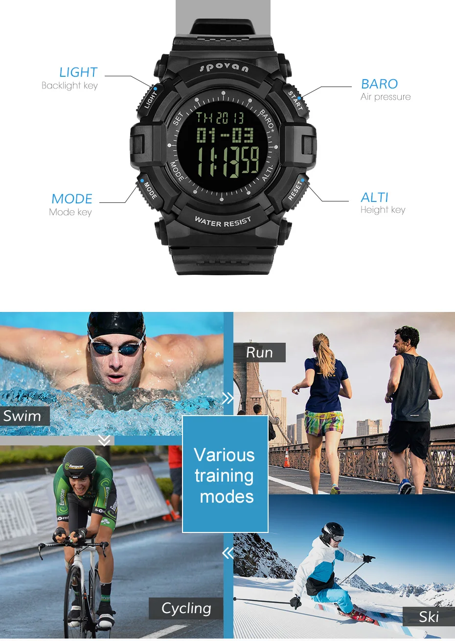 Height pressure temperature measurement watch, calorie watch ski speed calculation, weather forecast watch, shockproof watch
Height pressure temperature measurement watch, calorie watch ski speed calculation, weather forecast watch, shockproof watch