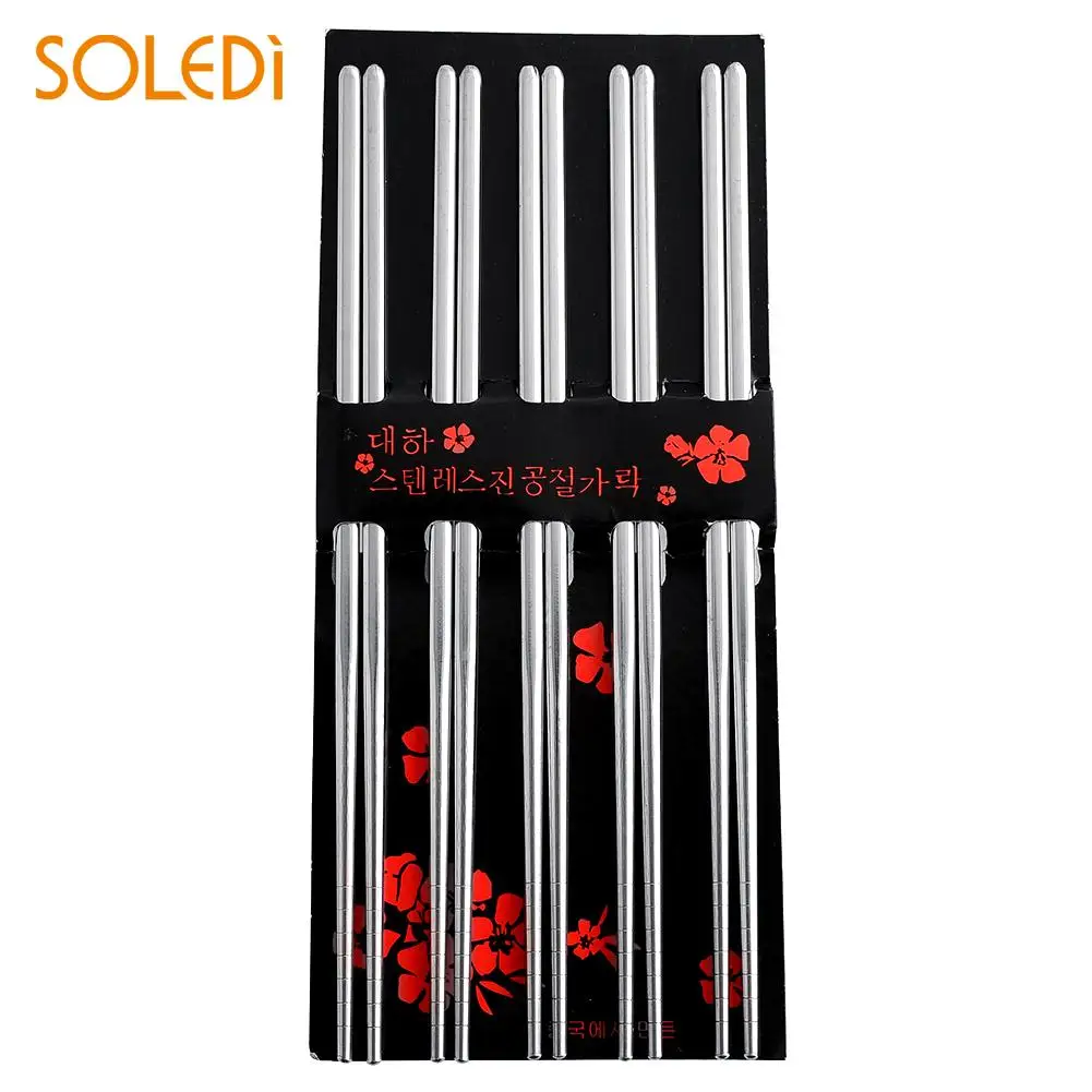 

SOLEDI Durable 5 Pairs Silver Stainless Steel Square Chopsticks Tableware Move korean style baguette chinoise eetstokjes