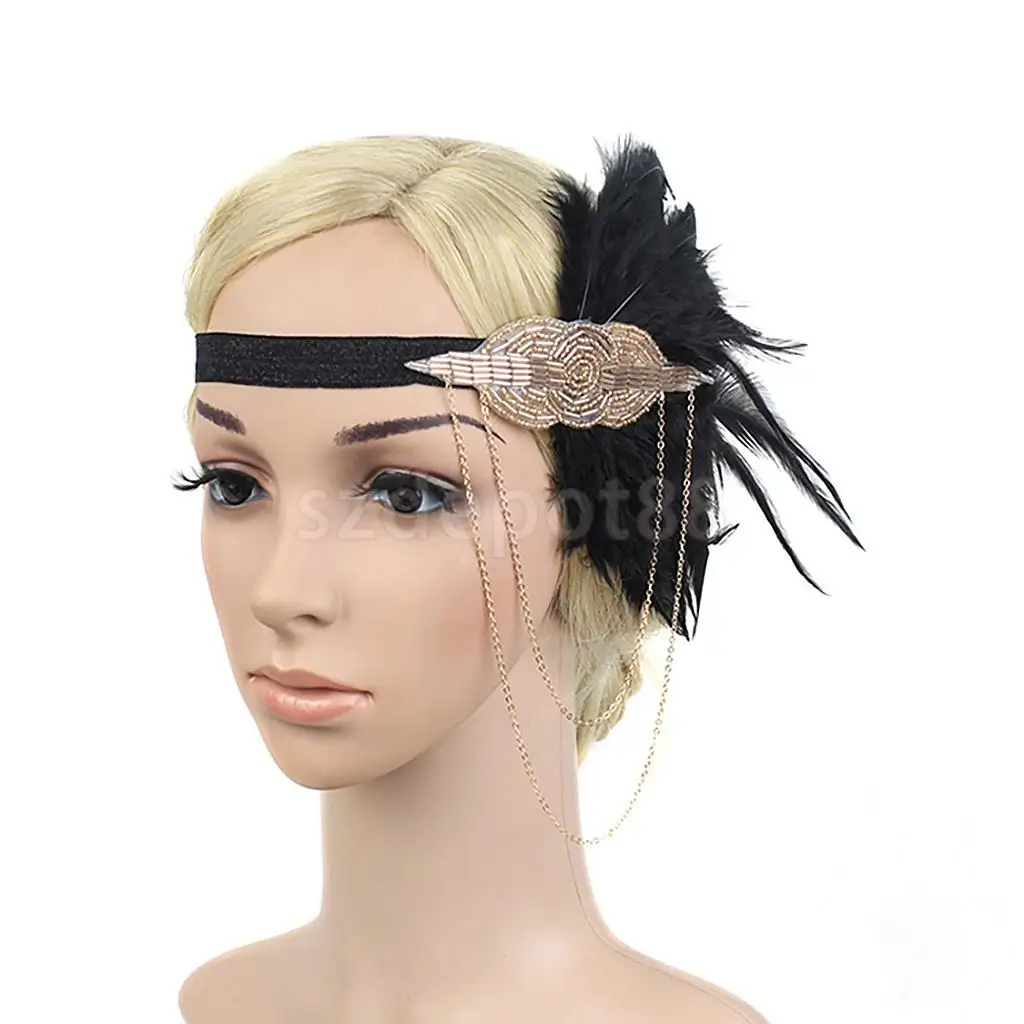 Vintage Feather Tassel Chain Plastic Beads Flapper Fascinator Headband 1920s Charleston Headpiece Women Ascot Race Headwear