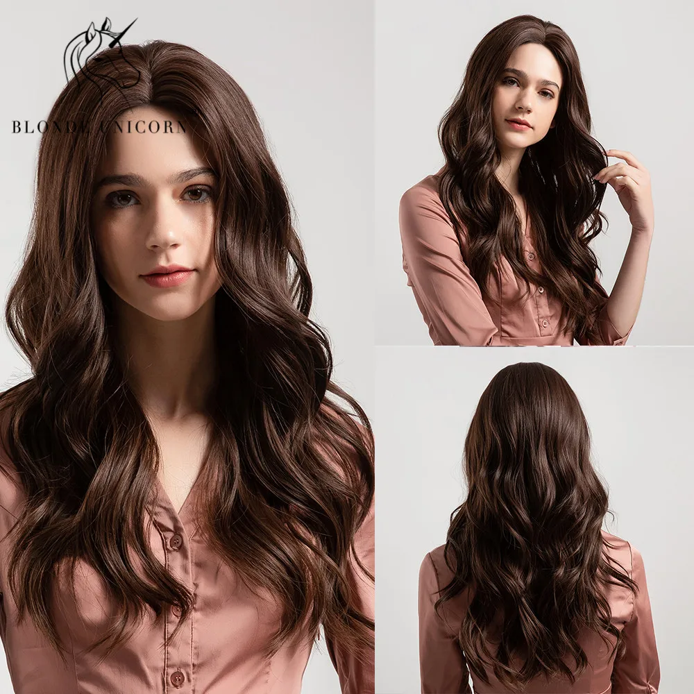 

Blonde Unicorn 24 Inches Synthetic Center Parting Long Wavy Wigs for Women Dark Brown Wig with Free Hairnet Natural Hair 2 Color