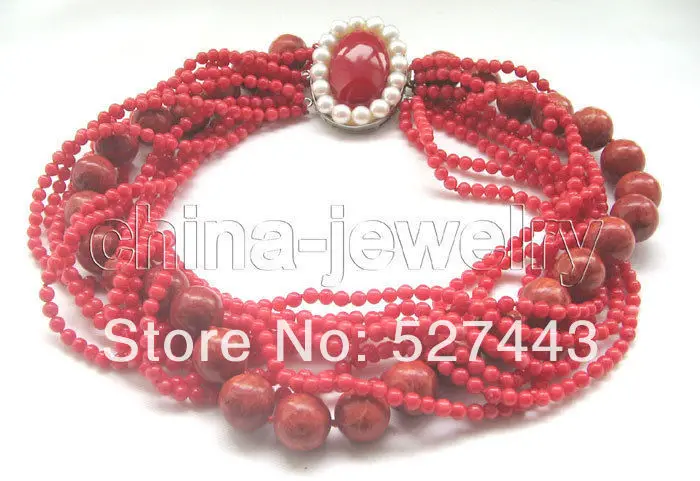 Wholesale free shipping >>Beautiful 10row 18" 4-5mm & 14mm round red coral necklace - pearl clasp
Wholesale free shipping >>Beautiful 10row 18" 4-5mm & 14mm round red coral necklace - pearl clasp