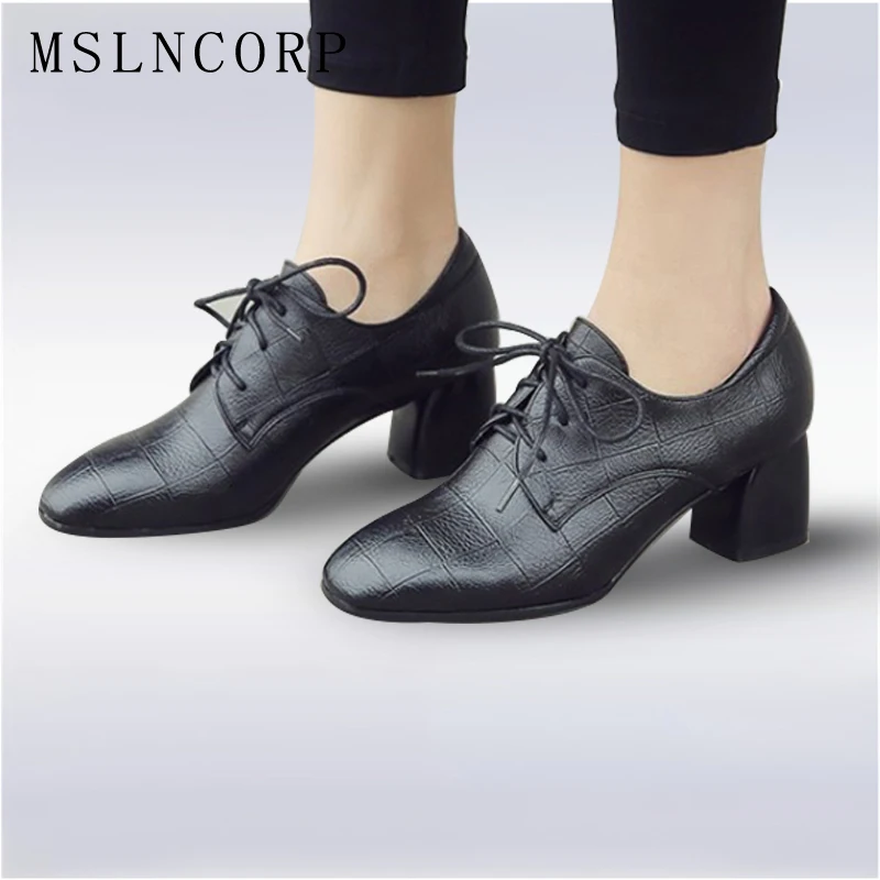 

Plus Size 34-43 Women Pumps British Style Square Toe Embossed Leather Chunky High Heels Woman Black Lace-up Girls Casual Shoes