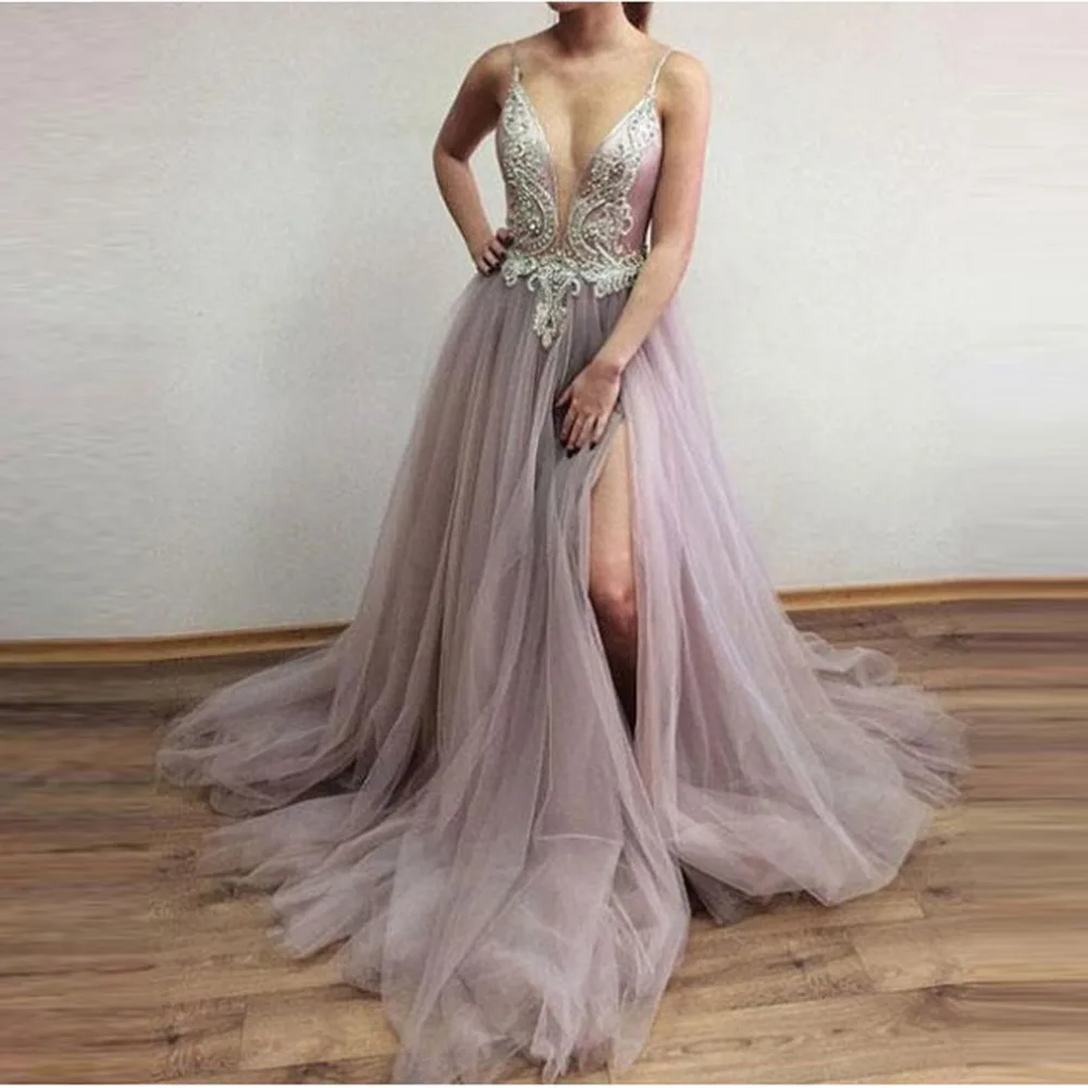 Sexy Shiny Crystal Tutu Prom Gowns Backless Dusty Pink Long Formal Party Gown With High Side Split Beaded Robe De Soiree
Sexy Shiny Crystal Tutu Prom Gowns Backless Dusty Pink Long Formal Party Gown With High Side Split Beaded Robe De Soiree