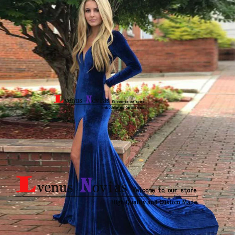 Robe de soiree Cheap Royal Blue Velvet Mermaid Prom Dresses Long Evening Gown Elegant Open Back Long Sleeve Evening Dress 2019
Robe de soiree Cheap Royal Blue Velvet Mermaid Prom Dresses Long Evening Gown Elegant Open Back Long Sleeve Evening Dress 2019
