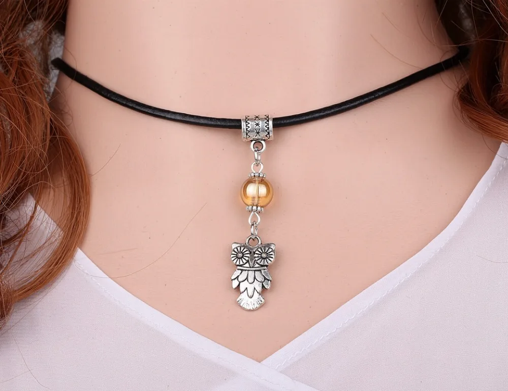 Beautiful Owl&ampGlass Bead Charms Vintage Silver Choker Collar Leather Necklace Pendant DIY Jewelry Women Clothing Brand HOT A117 |