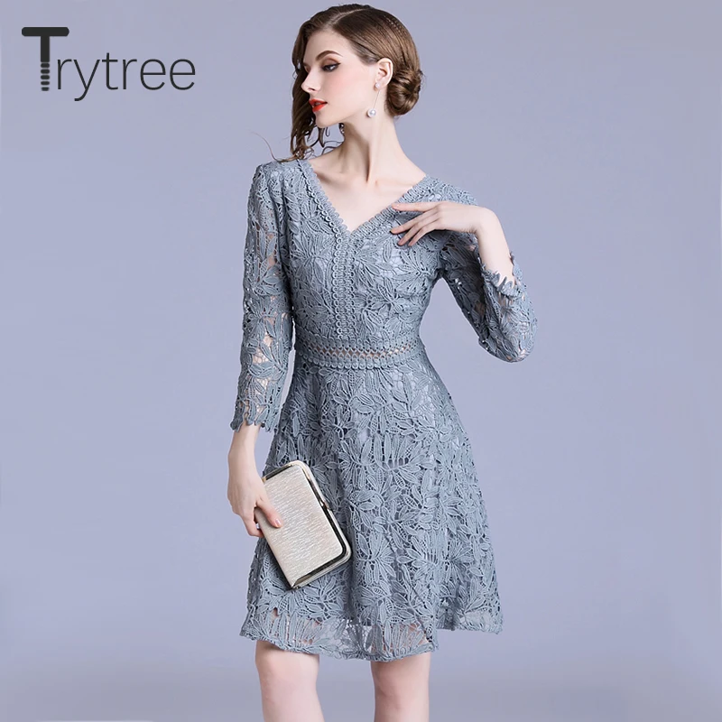 Trytree Summer Autumn Casual Solid Blue Dress Lace V-Neck Hollow Polyester women dresses A-line Office Lady Knee-Length Dress
Trytree Summer Autumn Casual Solid Blue Dress Lace V-Neck Hollow Polyester women dresses A-line Office Lady Knee-Length Dress