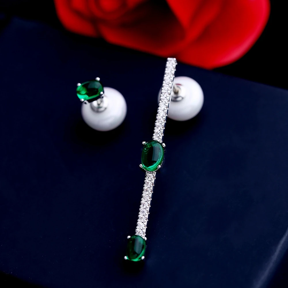 Image MIGGA Double Sided Imitation Pearl Earrings Unique Zircon Created Emerald Bar Stud Earrings for Women