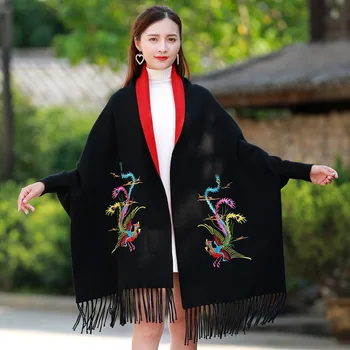 New Autumn Winter Phoenix embroidery Fashion Bat Sleeve Cape Cloak Hooded Shawl Tassels Sweater Women Cashmere Pashmina Wraps
New Autumn Winter Phoenix embroidery Fashion Bat Sleeve Cape Cloak Hooded Shawl Tassels Sweater Women Cashmere Pashmina Wraps