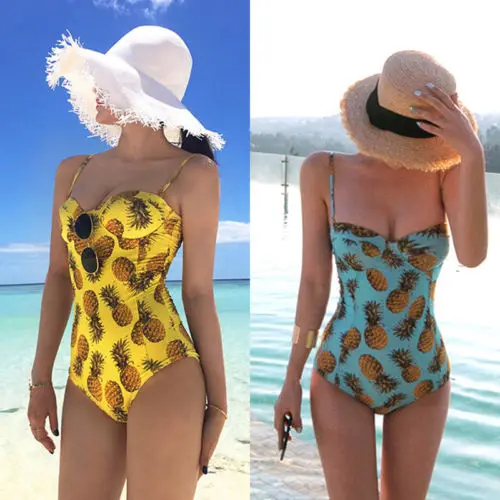 Strap Monokini One-Piece Bathing Suits Pineapple Women Swimsuit Bandage Bikinis Push-up Padded Swimwear Beachwear Yellow Blue | Спорт и