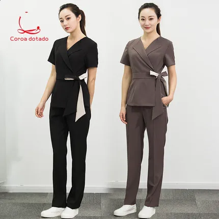 

Beauty salon work clothes women's set 2019 new fashion temperament summer beautician short sleeve thin spa health club