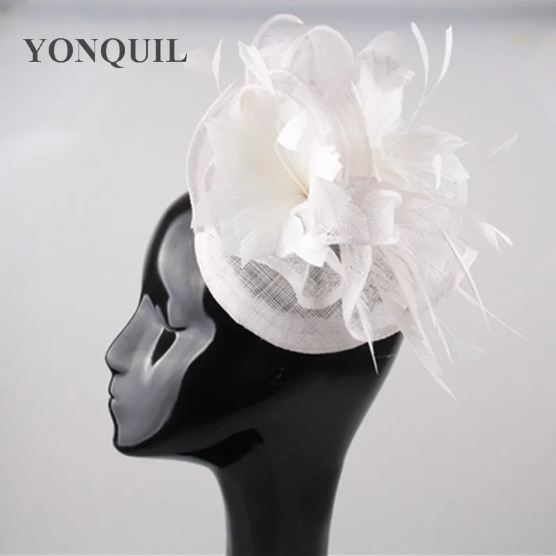 

White Or Multiple Color Sinamay Fascinator Hats With Feather Flower Hat Wedding Hair Accessories Ladies Party Cocktail Millinery